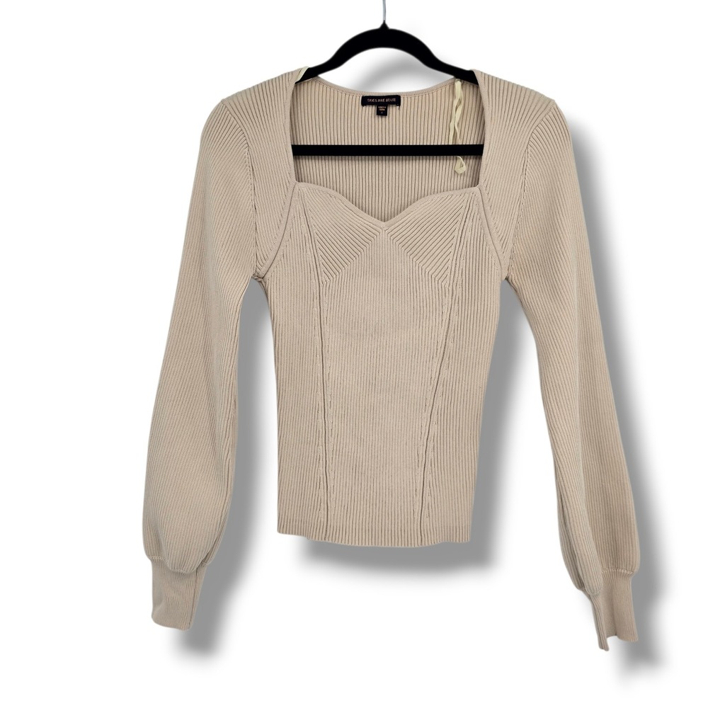 Skies Are Blue Womens Beige Ribbed Sweetheart Balloon Sleeve Sweater 45173DL S